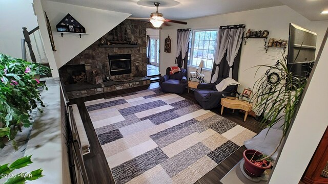 177 Crane Rd, Lakeville, PA 18438 - living room with a fireplace, a ceiling fan, and wood finished floors