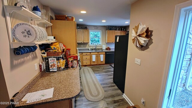 177 Crane Rd, Lakeville, PA 18438 - kitchen featuring dishwasher, open shelves, dark wood-style floors, light brown cabinets, and recessed lighting