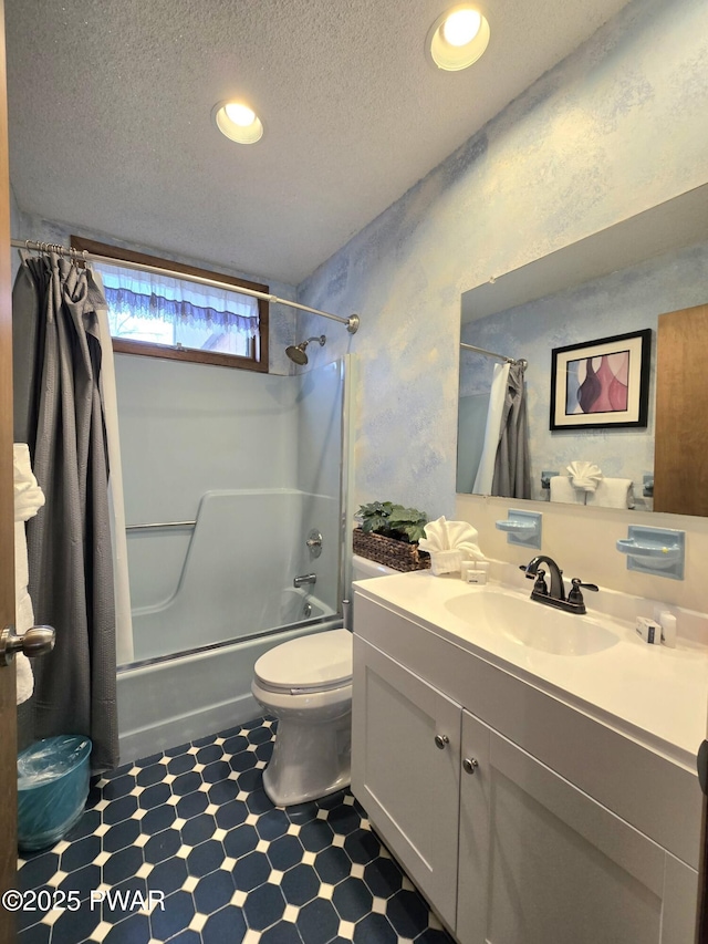 full bathroom with a textured ceiling, toilet, vanity, and shower / bathtub combination with curtain