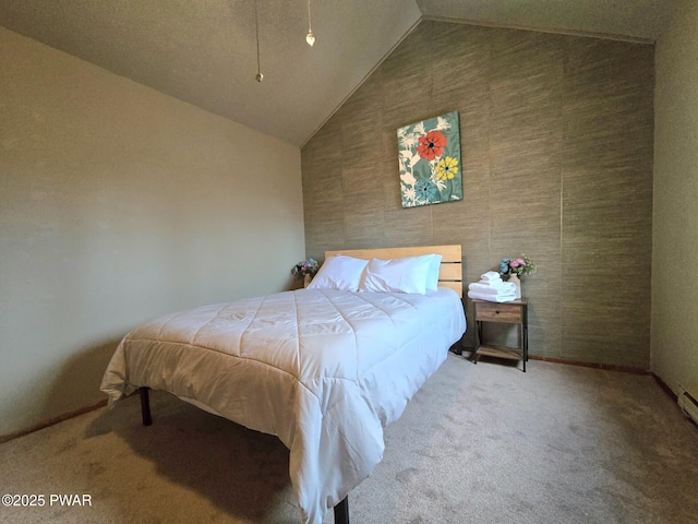 carpeted bedroom with high vaulted ceiling