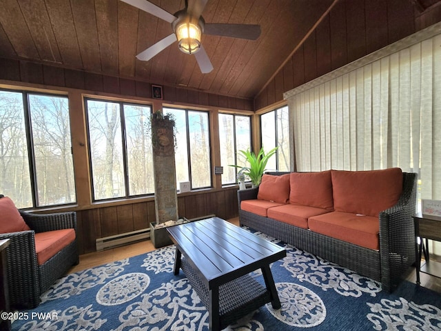 6128 Wales Ct, East Stroudsburg, PA 18301 - sunroom with a baseboard heating unit, wood ceiling, vaulted ceiling, wood finished floors, and wooden walls