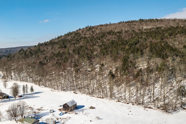 snowy landscape featuring a view of trees