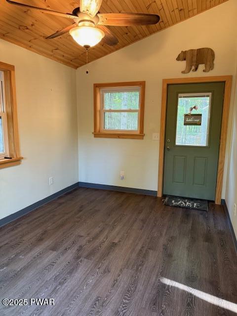 1030 Evergreen Dr, Lake Ariel, PA 18436 - foyer with wooden ceiling, lofted ceiling, ceiling fan, dark wood-style flooring, and baseboards