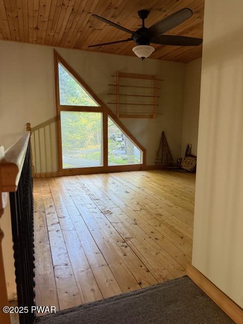 1030 Evergreen Dr, Lake Ariel, PA 18436 - additional living space with wooden ceiling, ceiling fan, wood-type flooring, baseboards, and lofted ceiling