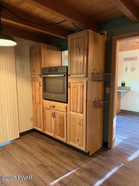 1030 Evergreen Dr, Lake Ariel, PA 18436 - kitchen featuring oven, wood ceiling with exposed beams, dark wood-type flooring, and baseboards