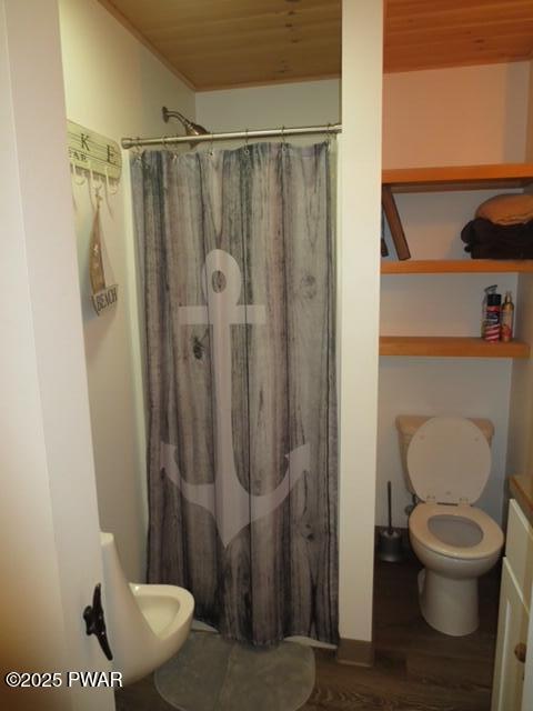1030 Evergreen Dr, Lake Ariel, PA 18436 - full bath with toilet, wood ceiling, wood finished floors, and a shower with curtain