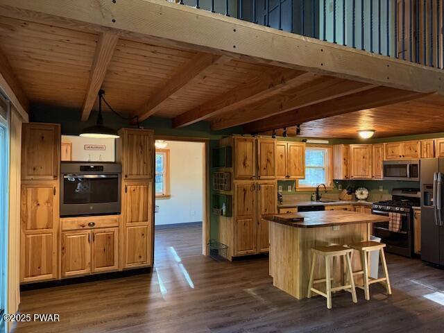 1030 Evergreen Dr, Lake Ariel, PA 18436 - kitchen featuring stainless steel appliances, a center island, wood ceiling with exposed beams, dark wood finished floors, and a sink