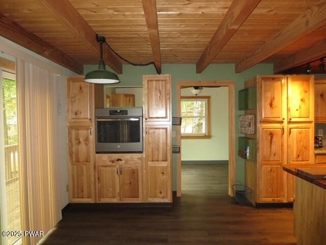1030 Evergreen Dr, Lake Ariel, PA 18436 - kitchen with stainless steel oven, wooden ceiling with exposed beams, dark wood-style flooring, decorative light fixtures, and baseboards