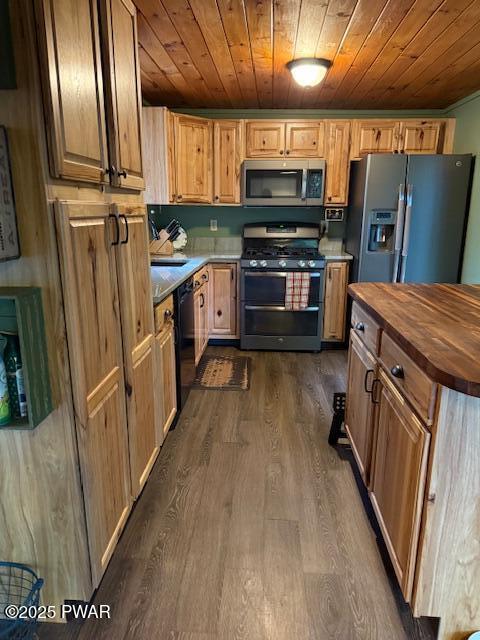 1030 Evergreen Dr, Lake Ariel, PA 18436 - kitchen with appliances with stainless steel finishes, wood counters, wood ceiling, and dark wood-style flooring