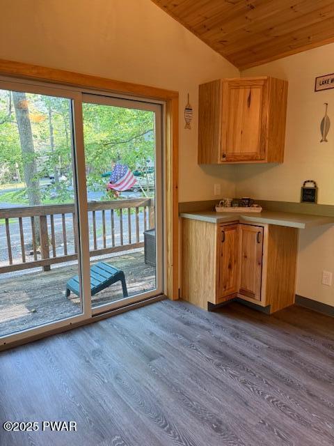 1030 Evergreen Dr, Lake Ariel, PA 18436 - kitchen featuring lofted ceiling, wood ceiling, dark wood finished floors, baseboards, and light countertops