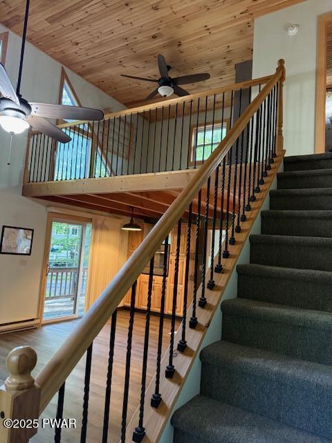 1030 Evergreen Dr, Lake Ariel, PA 18436 - stairway with ceiling fan, wood finished floors, high vaulted ceiling, and wood ceiling