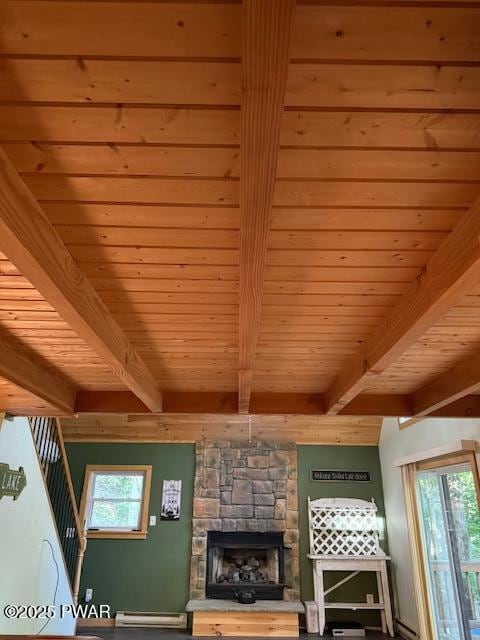 1030 Evergreen Dr, Lake Ariel, PA 18436 - detailed view of a baseboard heating unit, wood ceiling with exposed beams, and a stone fireplace