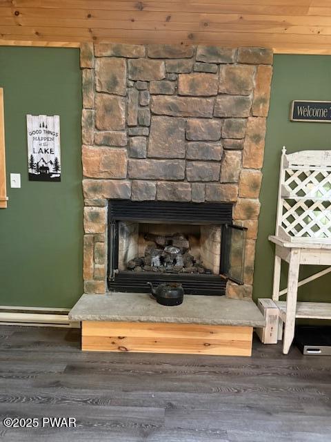 1030 Evergreen Dr, Lake Ariel, PA 18436 - detailed view of a stone fireplace, wood finished floors, and wood ceiling