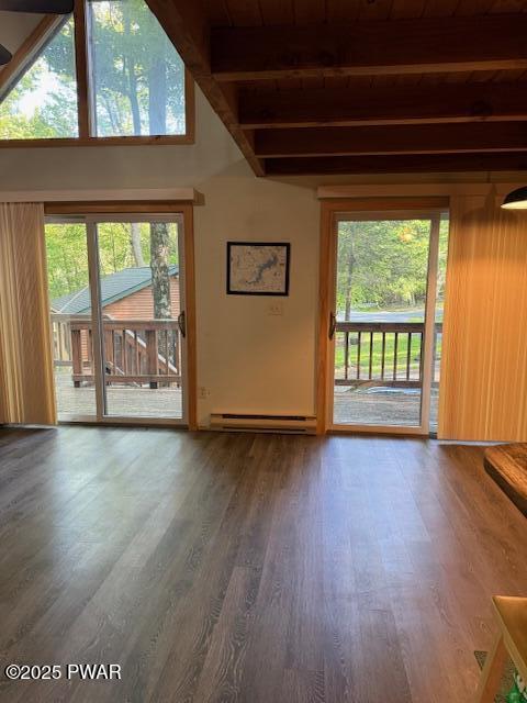 1030 Evergreen Dr, Lake Ariel, PA 18436 - unfurnished living room with beam ceiling, a baseboard heating unit, and wood finished floors