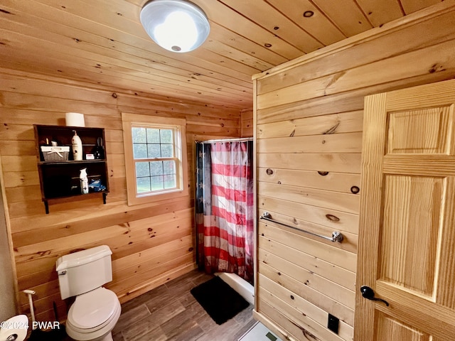 bathroom with walk in shower, wooden walls, hardwood / wood-style flooring, wooden ceiling, and toilet