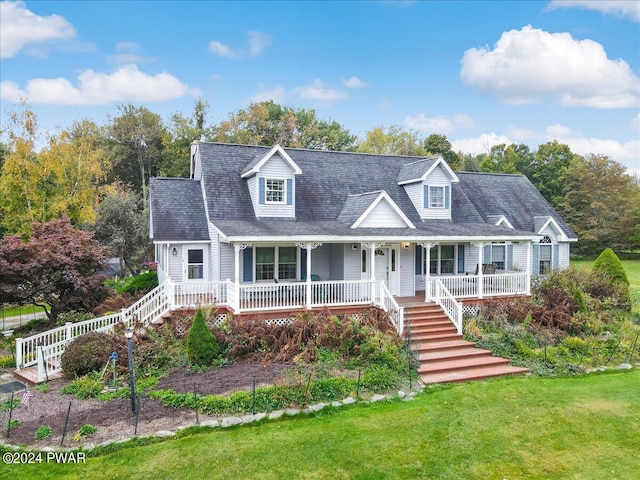 new england style home featuring covered porch and a front yard