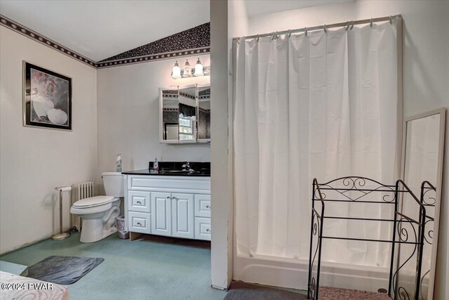 bathroom with toilet, radiator heating unit, vanity, and vaulted ceiling