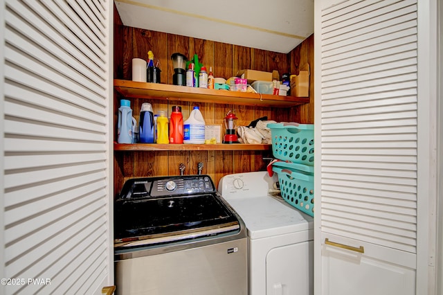 202 Fox Rd, Dingmans Ferry, PA 18328 - laundry area with independent washer and dryer and wood walls