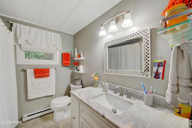 202 Fox Rd, Dingmans Ferry, PA 18328 - bathroom with a baseboard heating unit, crown molding, marble finish flooring, vanity, and a shower with shower curtain