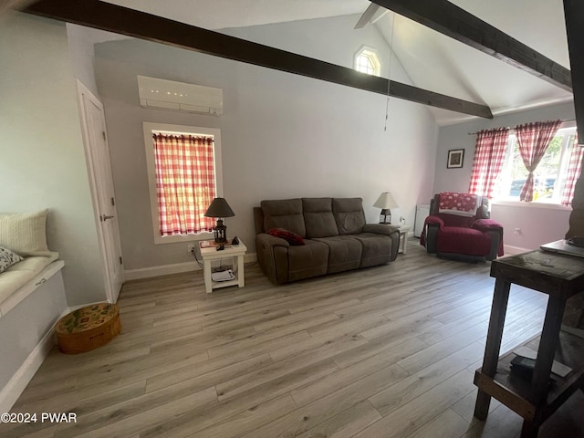 living room featuring ceiling fan, beam ceiling, high vaulted ceiling, light hardwood / wood-style flooring, and an AC wall unit