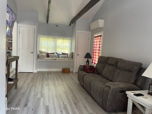 living room with a wall unit AC, high vaulted ceiling, beam ceiling, and light wood-type flooring