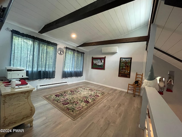 living area with hardwood / wood-style floors, vaulted ceiling with beams, a baseboard radiator, and an AC wall unit