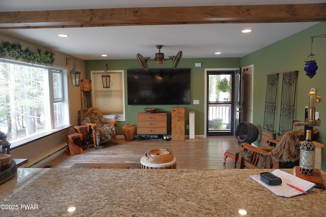 132 N Lake Shore Dr, Dingmans Ferry, PA 18328 - living area featuring baseboard heating, wood finished floors, recessed lighting, and beam ceiling