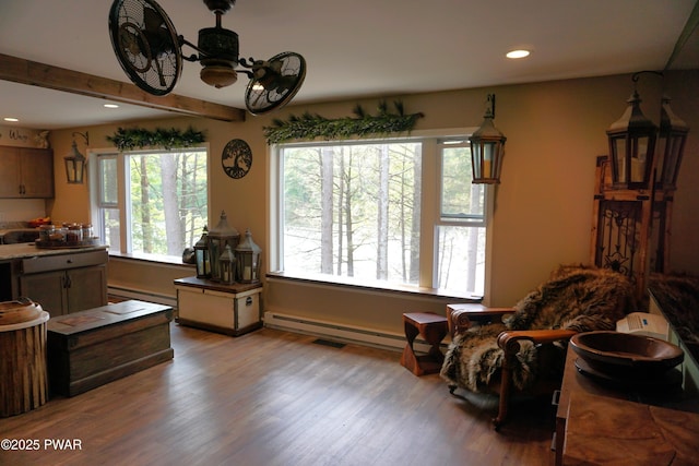 132 N Lake Shore Dr, Dingmans Ferry, PA 18328 - living area with recessed lighting, wood finished floors, baseboard heating, and beam ceiling