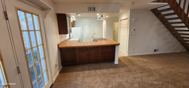 kitchen featuring sink, carpet floors, and white fridge