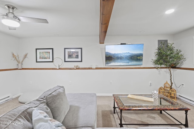 9326 Fairmount Way, Tobyhanna, PA 18466 - carpeted living area featuring beamed ceiling, baseboards, a ceiling fan, a baseboard radiator, and recessed lighting
