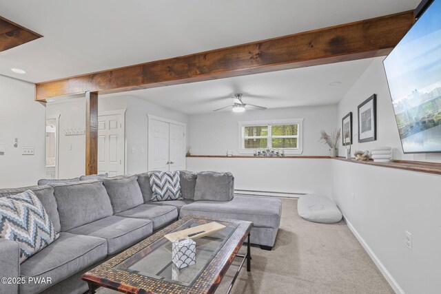 9326 Fairmount Way, Tobyhanna, PA 18466 - living room with carpet, ceiling fan, and baseboards