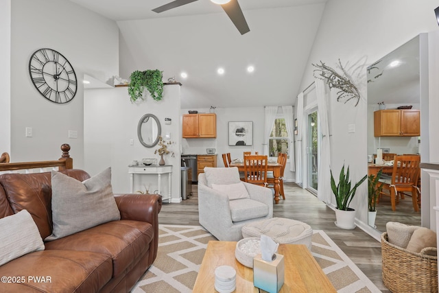 9326 Fairmount Way, Tobyhanna, PA 18466 - living area with high vaulted ceiling, light wood-style flooring, and a ceiling fan