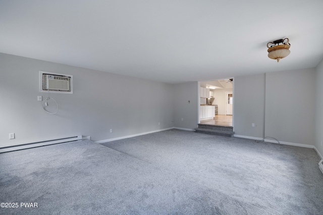 unfurnished living room with a wall mounted air conditioner, ceiling fan, carpet flooring, and a baseboard radiator