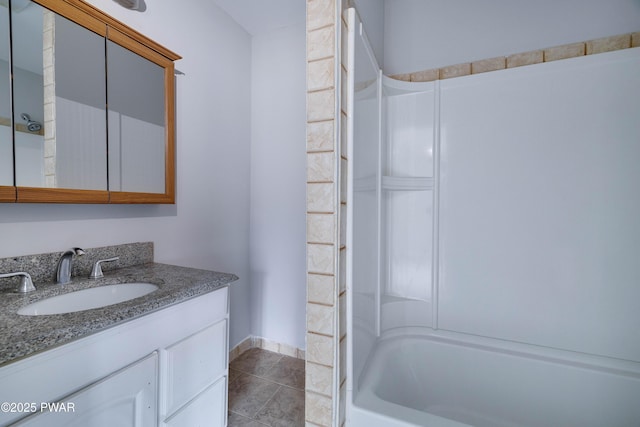 bathroom featuring bathtub / shower combination, vanity, and tile patterned floors