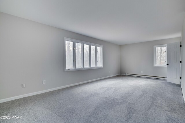 carpeted empty room with a baseboard radiator