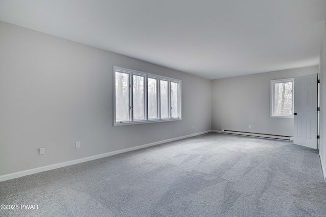 carpeted empty room with a baseboard radiator