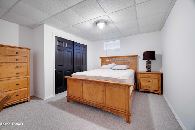 carpeted bedroom with a paneled ceiling and a closet