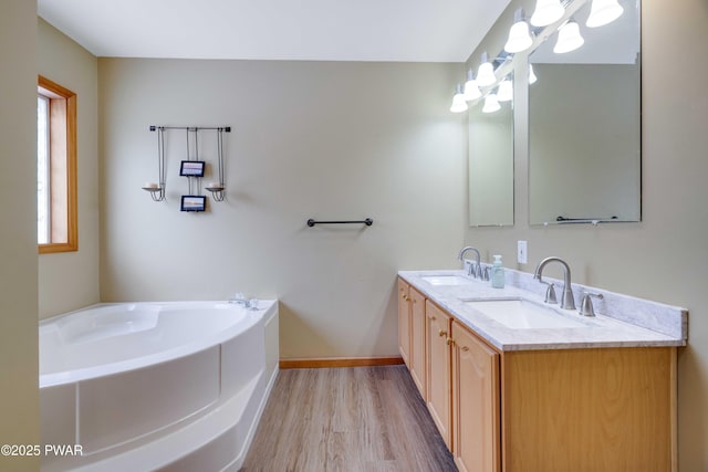 bathroom featuring a washtub, vanity, and hardwood / wood-style floors