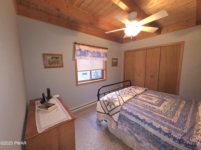 bedroom with a closet, wooden ceiling, carpet, beam ceiling, and a baseboard heating unit