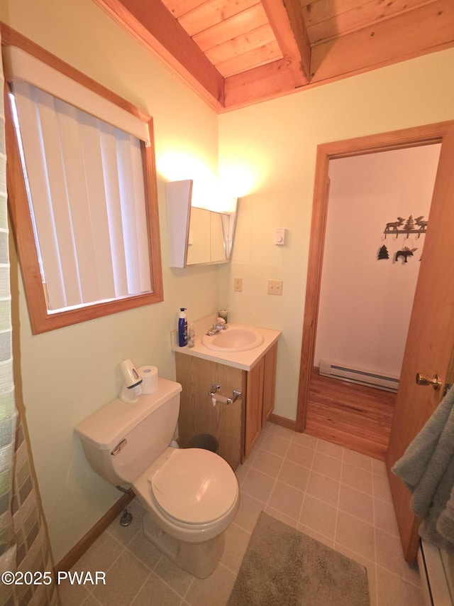 bathroom with beamed ceiling, tile patterned flooring, toilet, wood ceiling, and a baseboard radiator