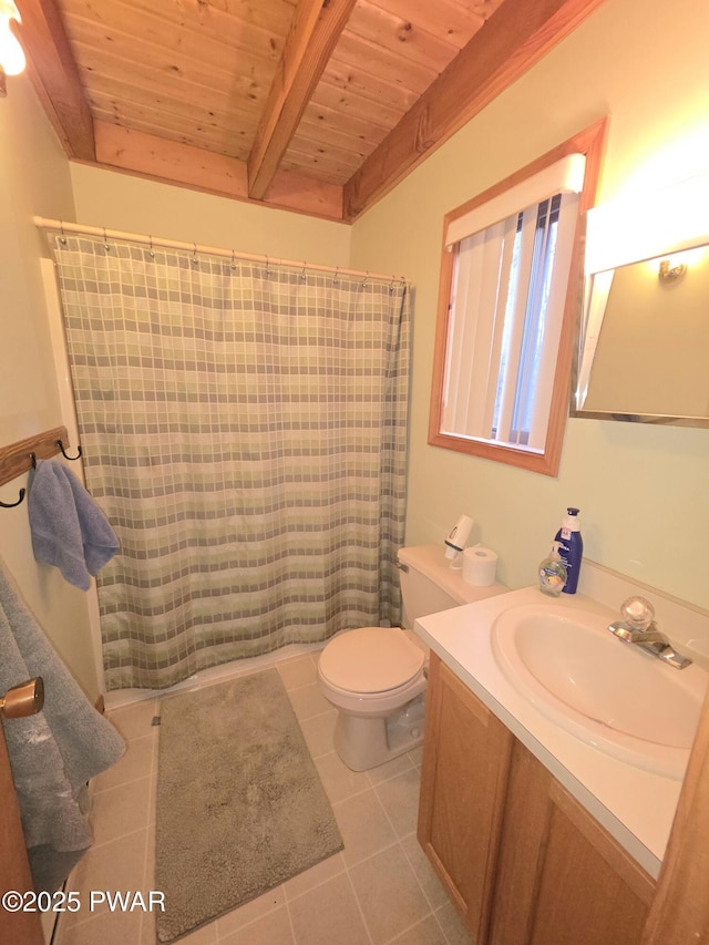 bathroom with toilet, wood ceiling, beamed ceiling, vanity, and tile patterned flooring