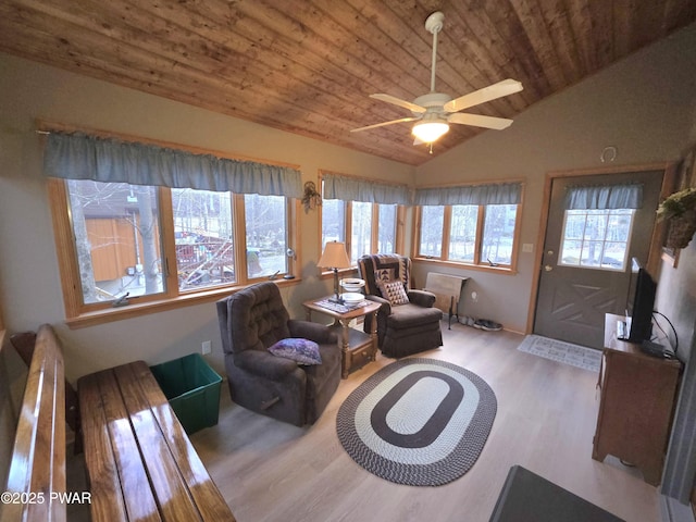 living area with wood ceiling, wood finished floors, ceiling fan, and vaulted ceiling
