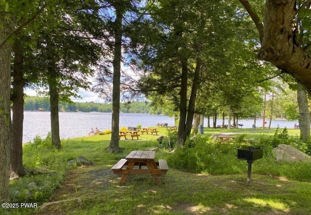 view of community with a water view
