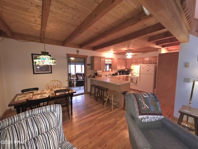 dining area with light wood-style flooring, wooden ceiling, beam ceiling, and ceiling fan