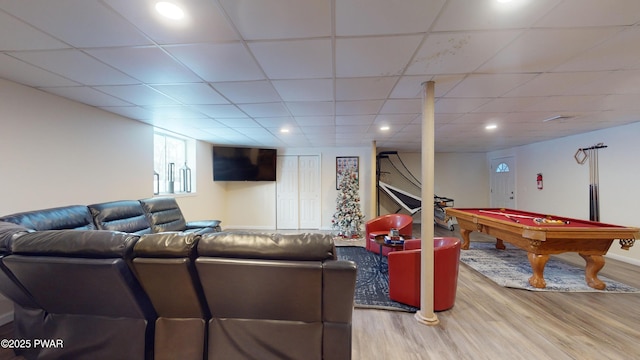 playroom featuring hardwood / wood-style flooring, a paneled ceiling, and billiards