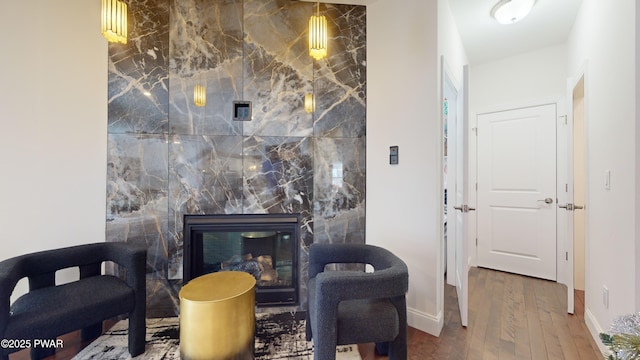 interior space featuring wood-type flooring and a fireplace