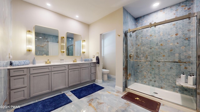 bathroom featuring vanity, a bidet, and walk in shower