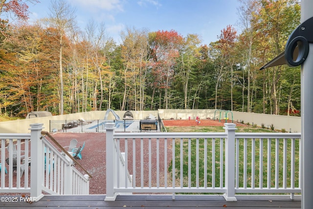 view of swimming pool with a deck