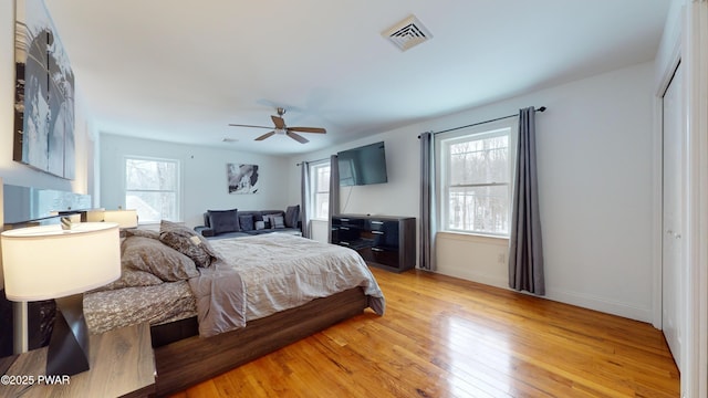 bedroom with multiple windows, light hardwood / wood-style floors, and a closet