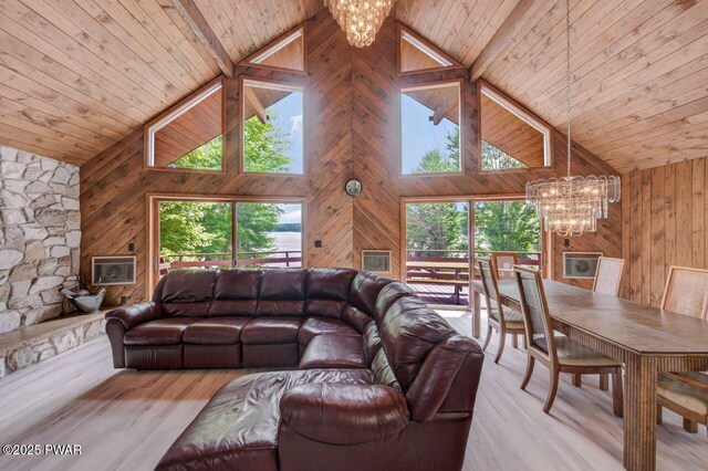 518 Lakeview Dr E, Lake Ariel, PA 18436 - living area with a chandelier, wood walls, a wood ceiling with exposed beams, high vaulted ceiling, and wood finished floors
